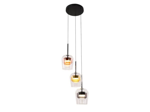 Lampa wisząca Elovira czarna z trzema szklanymi kloszami i kolorowymi wnętrzami