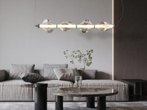 Miniaturka 2 - Czarna lampa wisząca Elva LED nad stolikiem w nowoczesnym salonie