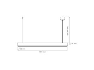 Miniaturka 8 - Schemat wymiarów lampy Elvomina: profil 124 cm, przekrój 6,5 na 5,5 cm, zawieszenie 20–90 cm