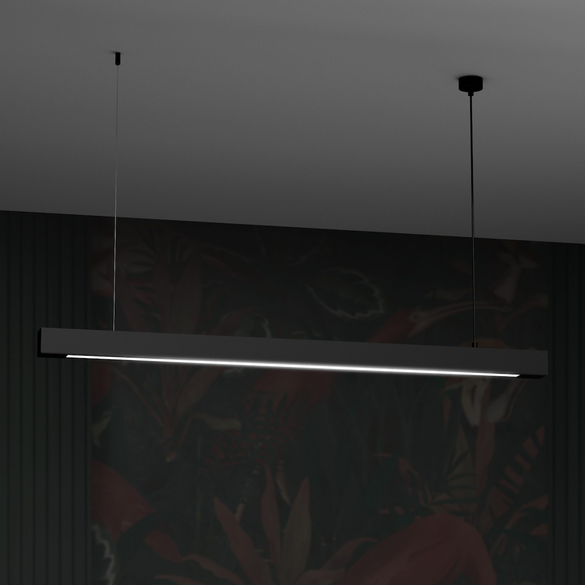 Elvomina, czarna lampa wisząca na tle ciemnego salonu
