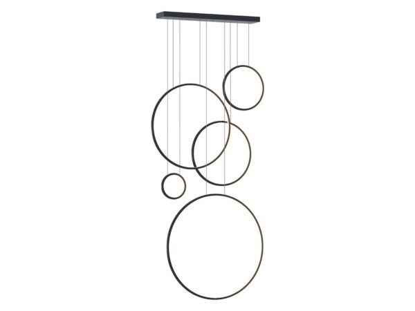 Lampa wisząca Emadena z pięcioma czarnymi pierścieniami na białym tle