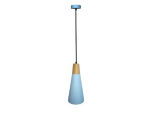 Miniaturka 2 - Lampa wisząca Emadio z niebieskim stożkowym kloszem i drewnianym detalem, na białym tle