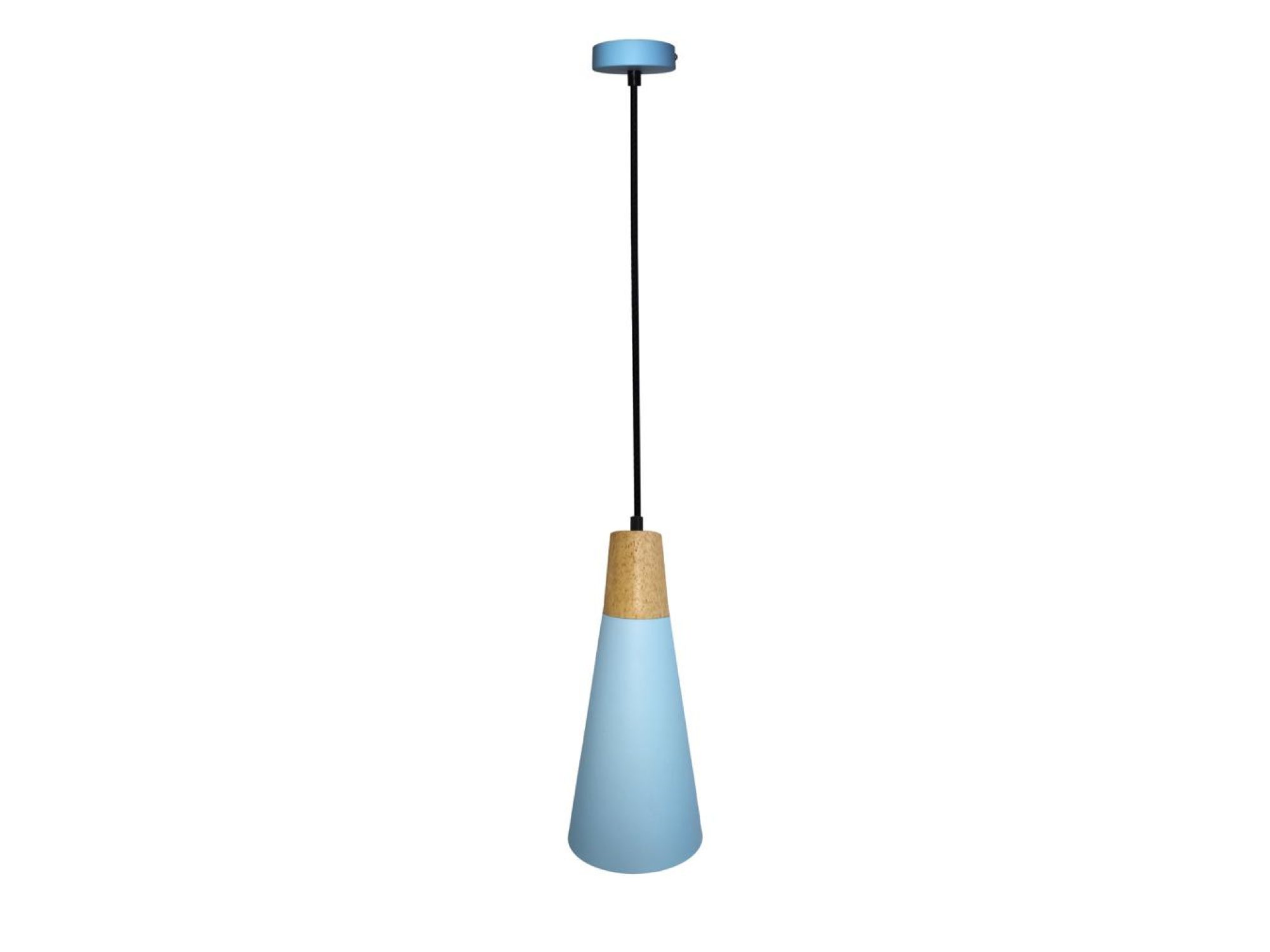 Lampa wisząca Emadio z niebieskim stożkowym kloszem i drewnianym detalem, na białym tle