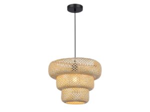 Miniaturka 1 - Rozświetlona lampa wisząca Emasira z trzech plecionych bambusowych segmentów na białym tle