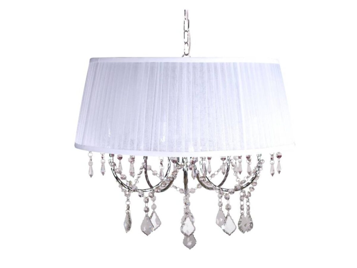 Lampa wisząca Emevora biała z abażurem i kryształowymi zawieszkami 50 cm