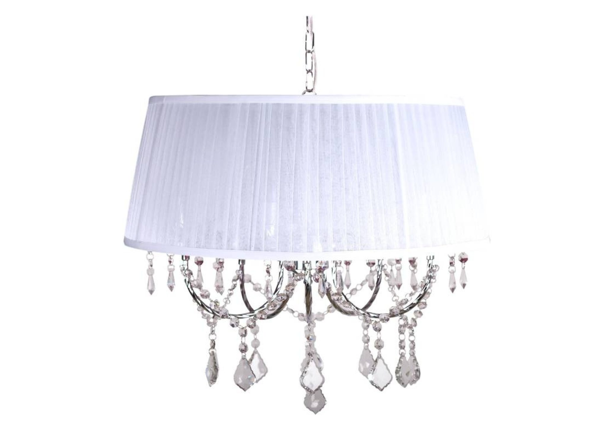 Lampa wisząca Emevora z białym plisowanym abażurem i przejrzystymi ozdobnymi zawieszkami