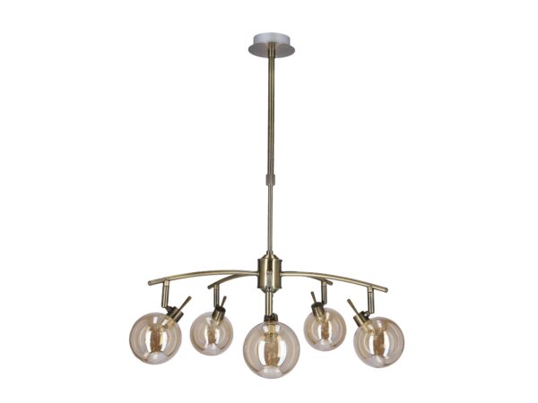 Lampa wisząca Emosira z pięcioma szklanymi kulami w bursztynowym odcieniu.