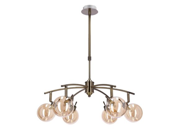 Lampa wisząca Emosira z sześcioma bursztynowymi kulami i patynowym stelażem.