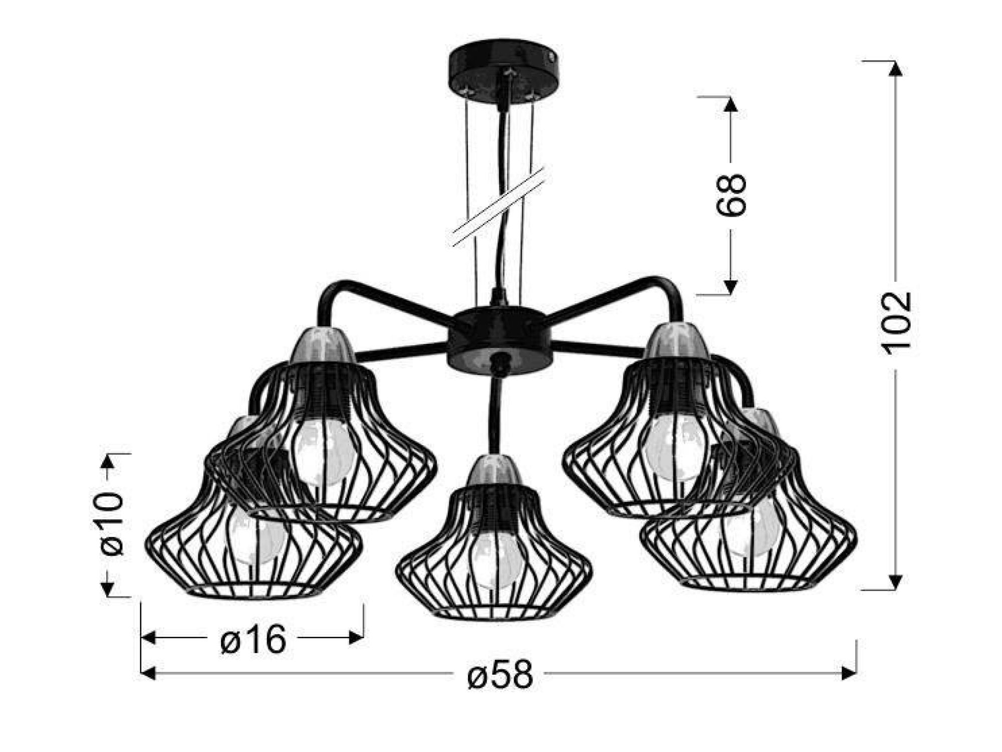 Rysunek techniczny lampy wiszącej Emotira ze średnicą 58 cm i wysokością 102 cm