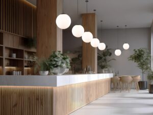 Miniaturka 1 - Biała lampa wisząca Esme z kulistym szklanym kloszem w aranżacji wnętrza