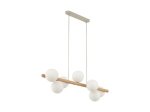 Miniaturka 6 - Lampa wisząca Estera z jasnym drewnem i siedmioma białymi kulistymi kloszami