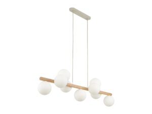 Miniaturka 6 - Lampa wisząca Estera 9-punktowa w jasnym drewnie, z białymi szklanymi kloszami na białym tle