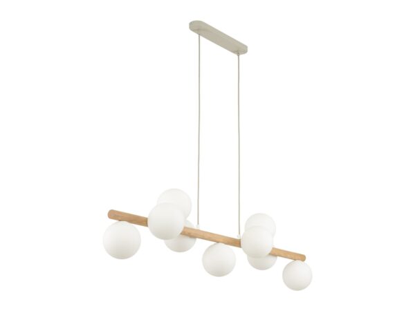 Lampa wisząca Estera 9-punktowa w jasnym drewnie, z białymi szklanymi kloszami na białym tle