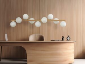 Miniaturka 3 - Lampa wisząca Estera z białymi szklanymi kloszami i jasnym drewnem w aranżacji
