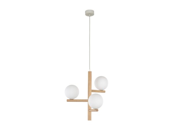 Lampa wisząca Estera z trzema białymi kulami i jasnym drewnem