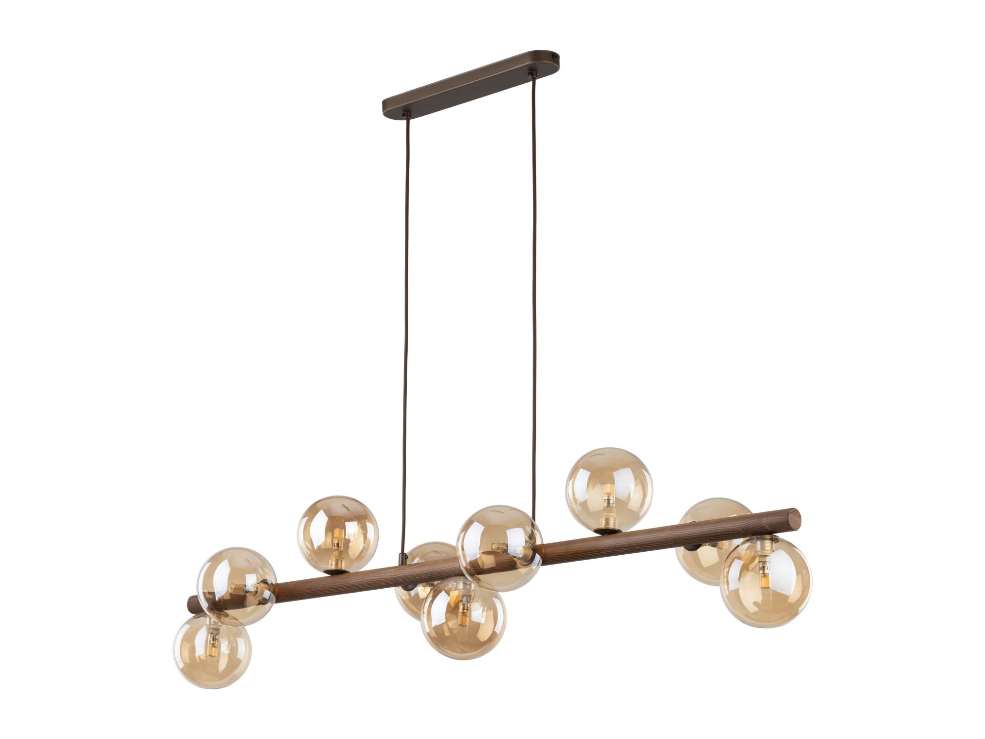 Lampa wisząca Estera z drewnem w kolorze orzecha i bursztynowymi szklanymi kloszami