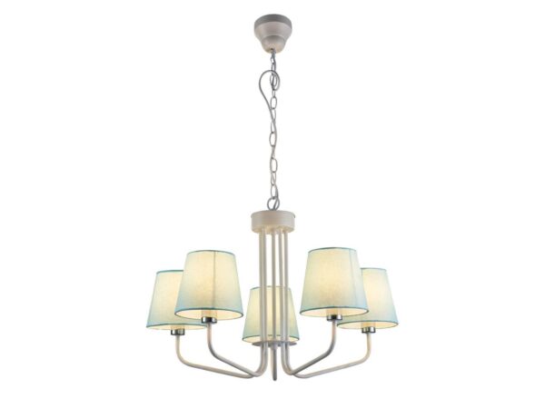 Lampa wisząca Evadia z pięcioma błękitnymi abażurami i białym stelażem