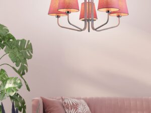 Miniaturka 3 - Lampa wisząca Evadia z różowymi abażurami nad sofą w salonie