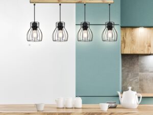 Miniaturka 1 - Lampa Evatena czarna czteropunktowa nad drewnianym blatem kuchennym