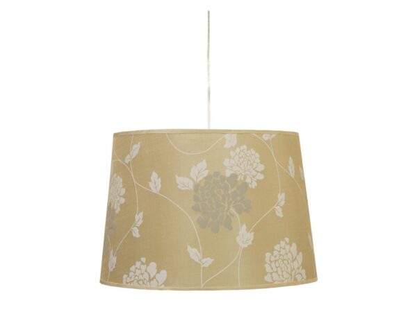 Lampa wisząca Evedora z białym tkaninowym abażurem w roślinny wzór