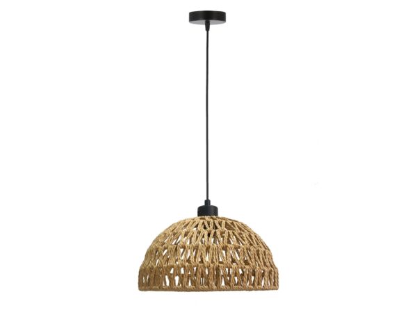 Lampa wisząca Evidona z czarnym zawieszeniem i beżowym abażurem z plecionego sznurka
