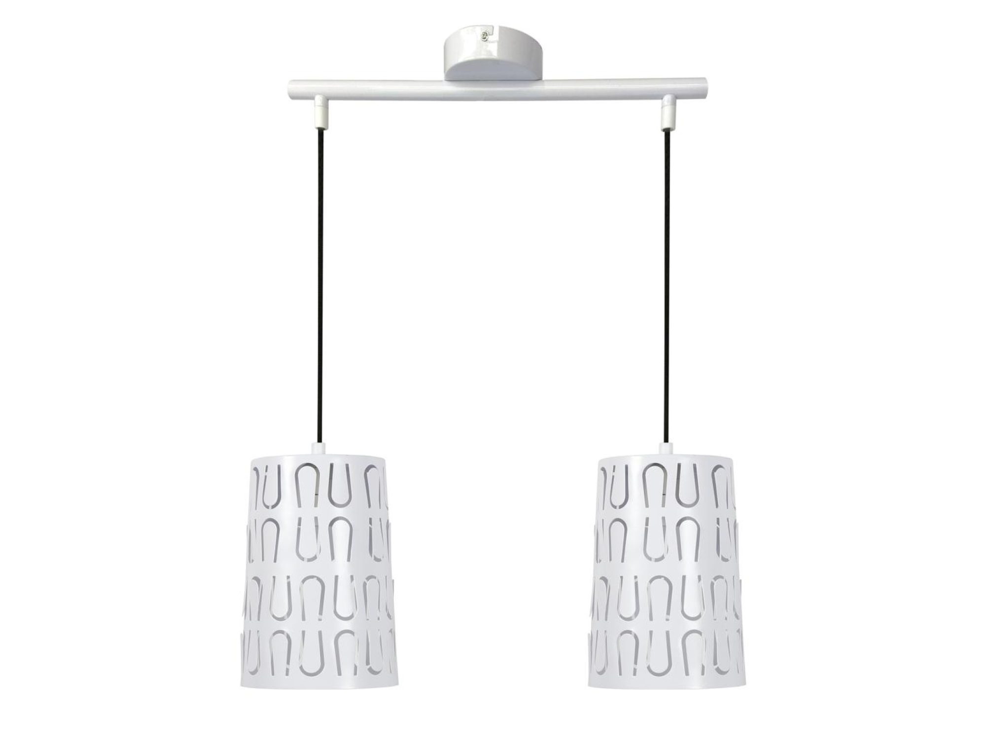 Lampa wisząca Evodora z dwoma perforowanymi białymi kloszami na czarnych przewodach