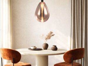 Miniaturka 2 - Lampa wisząca Evorena 30 cm miedziana nad okrągłym stołem w jadalni