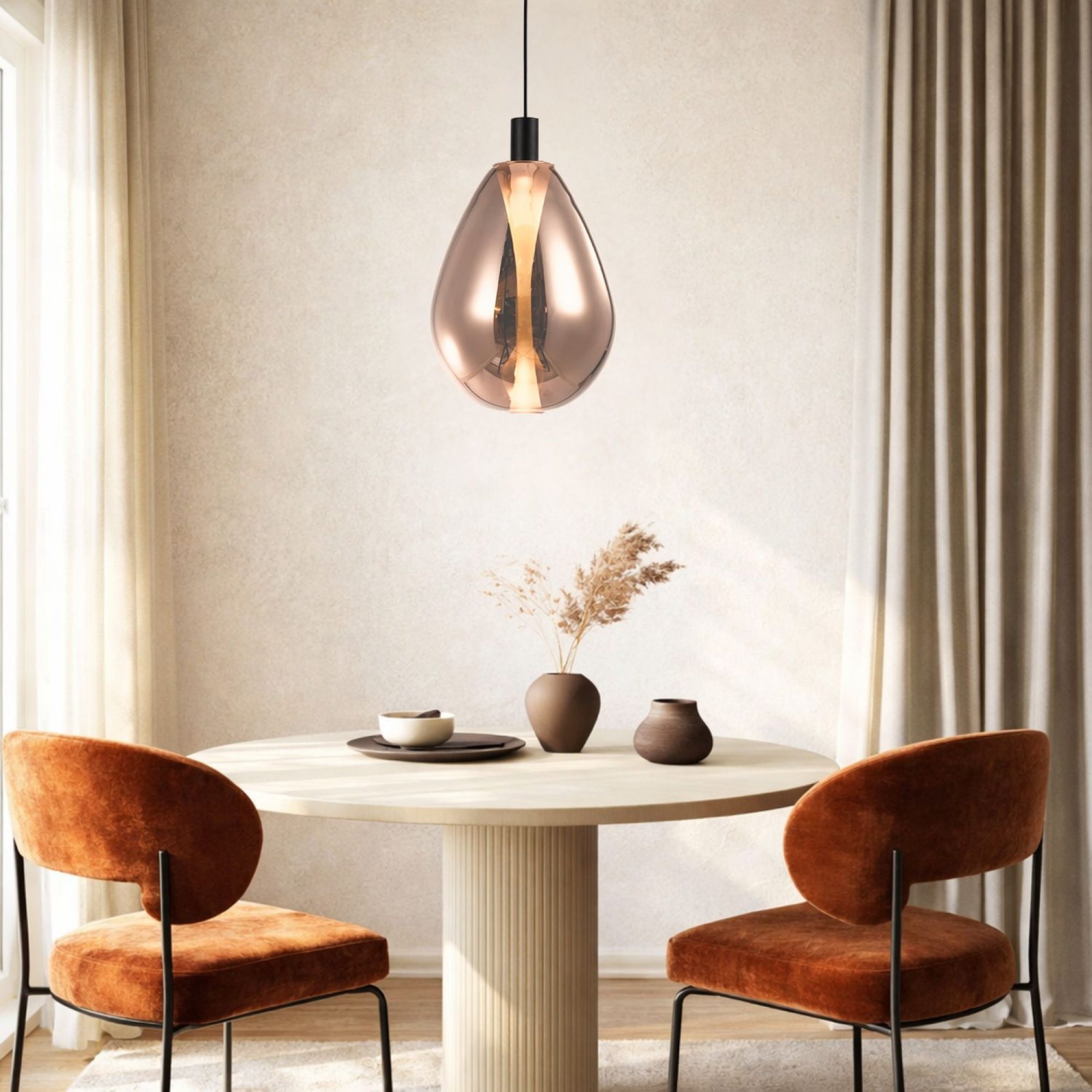 Lampa wisząca Evorena 30 cm miedziana nad okrągłym stołem w jadalni
