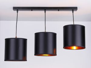 Miniaturka 3 - Trzy czarne abażury Falemino z ciepłym metalicznym wnętrzem po zapaleniu