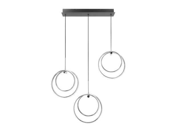 Lampa wisząca Falodio LED trzy podwójne chromowane pierścienie na czarnym zawiesiu