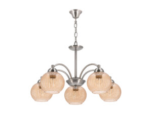 Miniaturka 2 - Lampa wisząca Felenio 5-punktowa w satynowym srebrze z bursztynowymi kloszami na białym tle