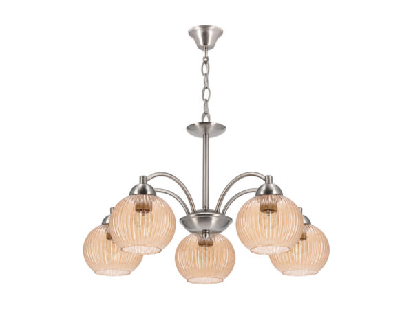 Lampa wisząca Felenio 5-punktowa w satynowym srebrze z bursztynowymi kloszami na białym tle