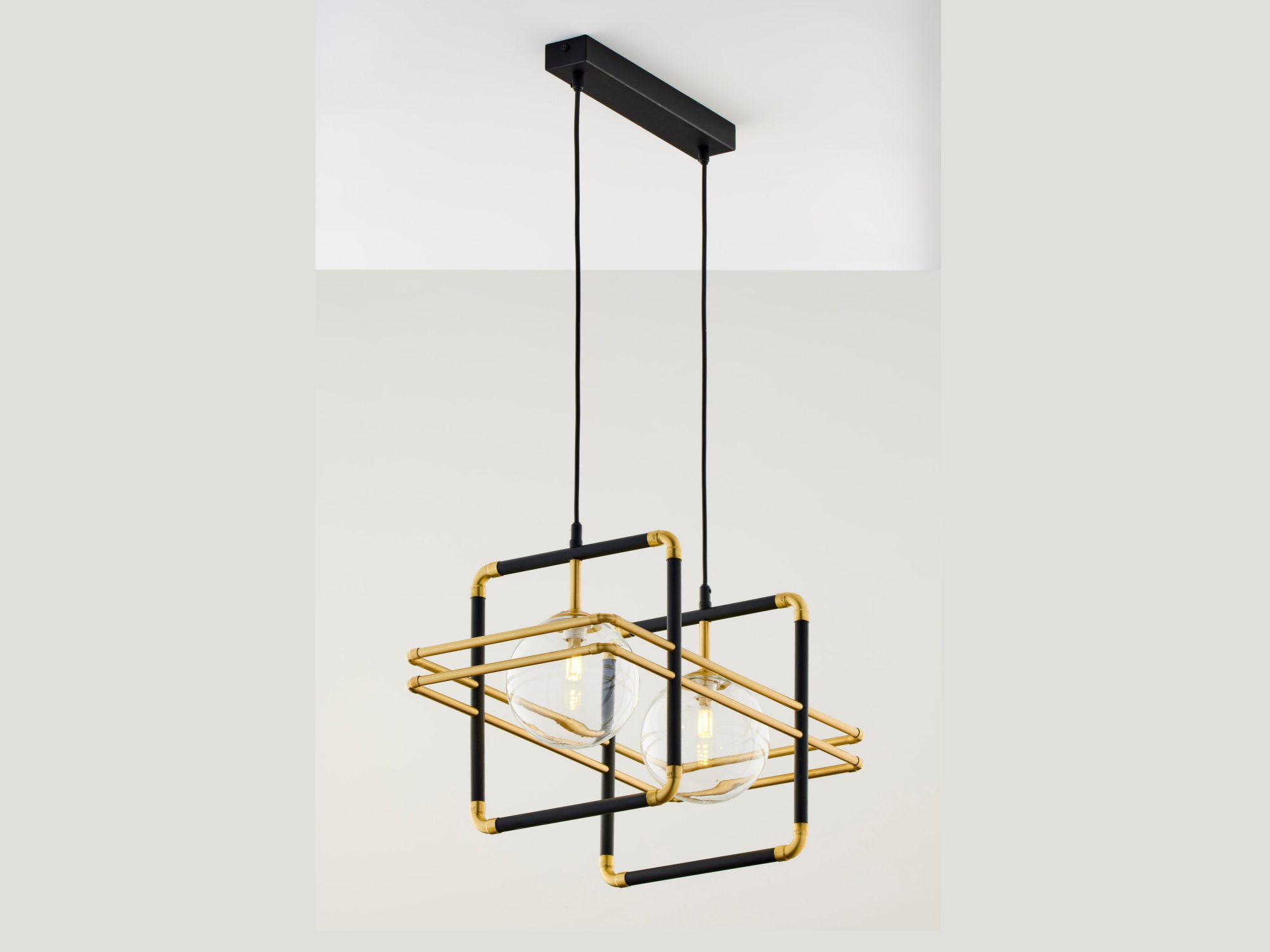 Lampa Fiori z dwoma przezroczystymi kloszami i czarno-złotą ramą
