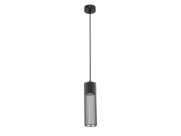 Lampa wisząca Fobia 1 czarna, druciany klosz w kształcie tuby i rozeta sufitowa