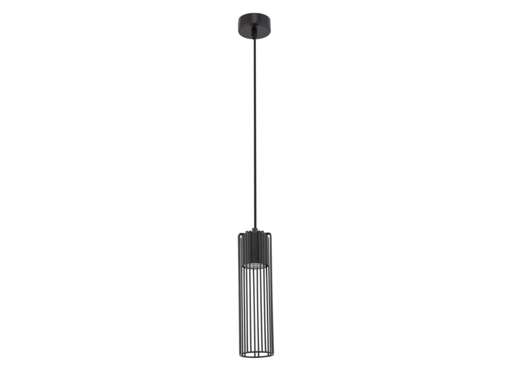 Lampa wisząca Fobia 1 czarna, druciany klosz w kształcie tuby i rozeta sufitowa