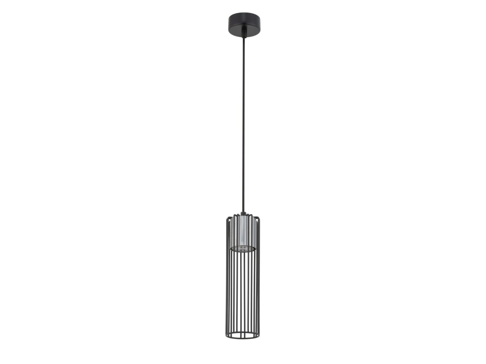 Lampa wisząca Fobia 1 z czarną drucianą osłoną i srebrną tubą wewnętrzną
