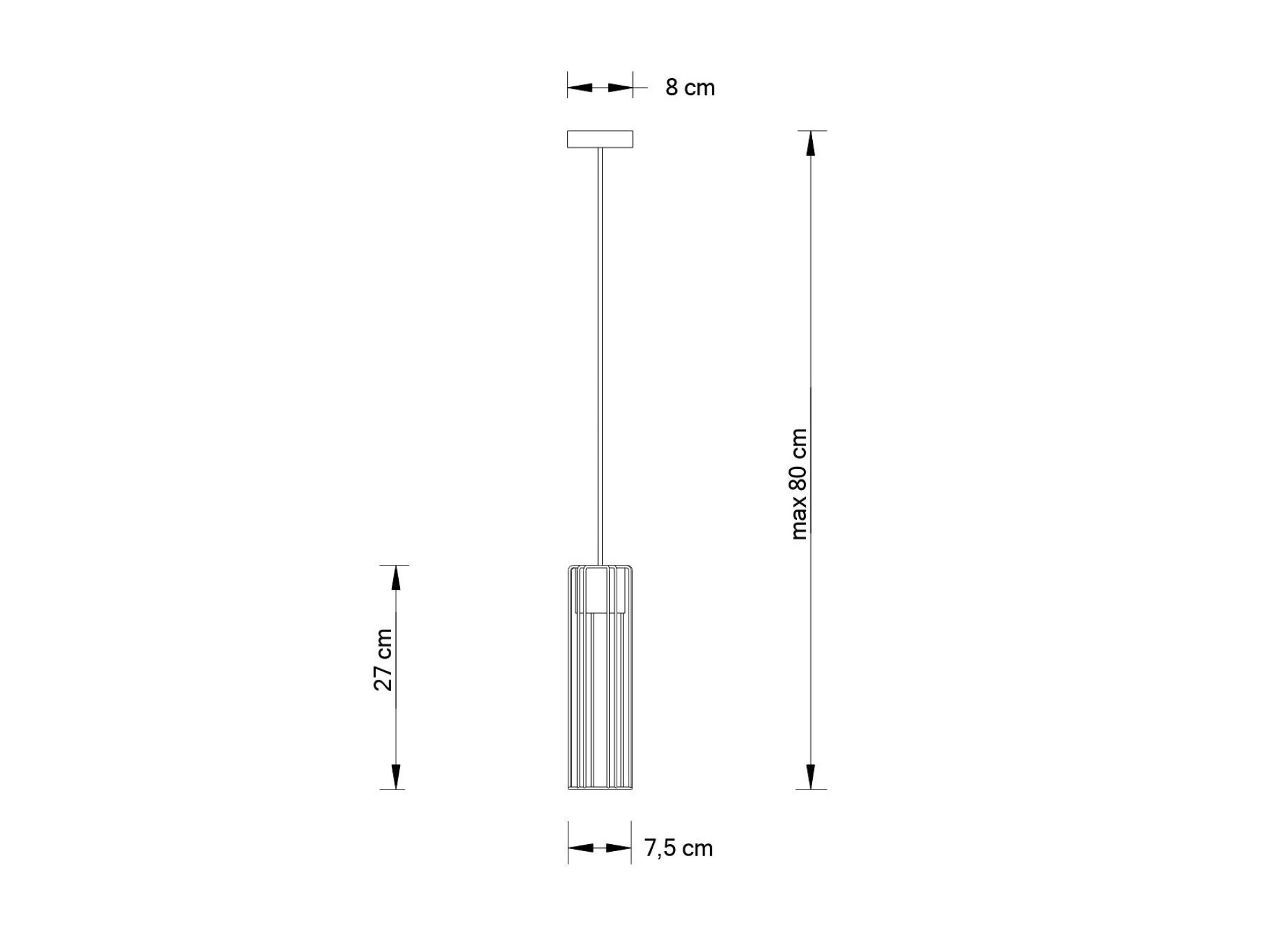 Rysunek lampy Fobia 1: klosz 27 cm, średnica 7,5 cm, wysokość do 80 cm