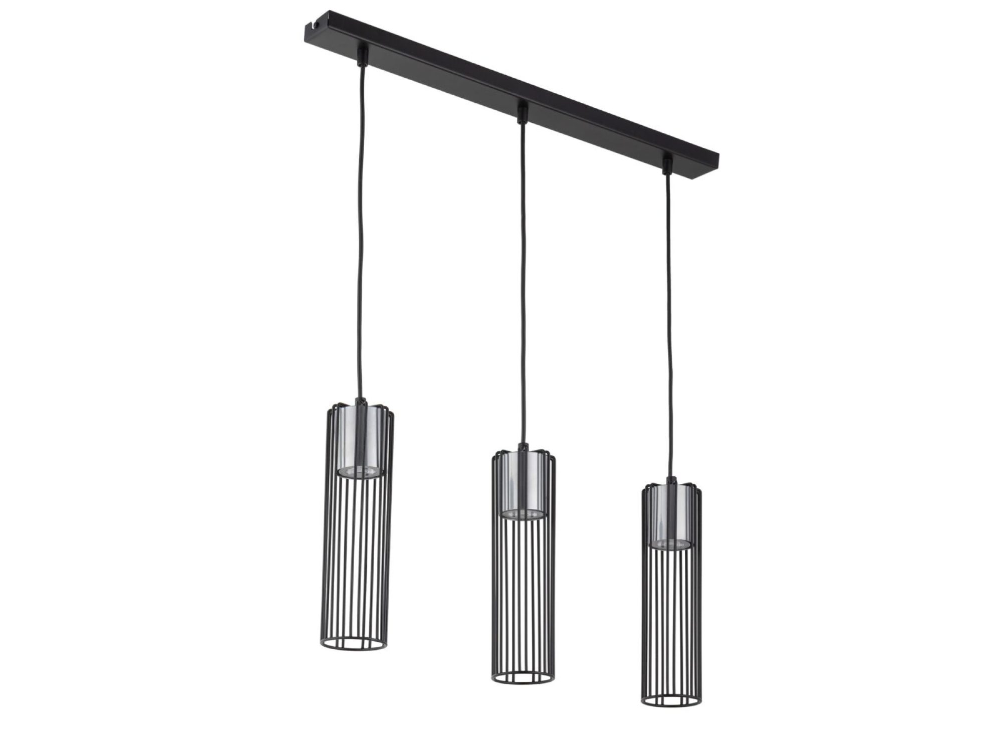 Lampa wisząca Fobia 3 liniowa czarno-srebrna, trzy wąskie klosze na wspólnej listwie