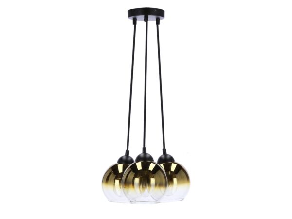 Lampa wisząca Galeta z trzema złotymi lustrzanymi szklanymi kloszami i czarną podsufitką