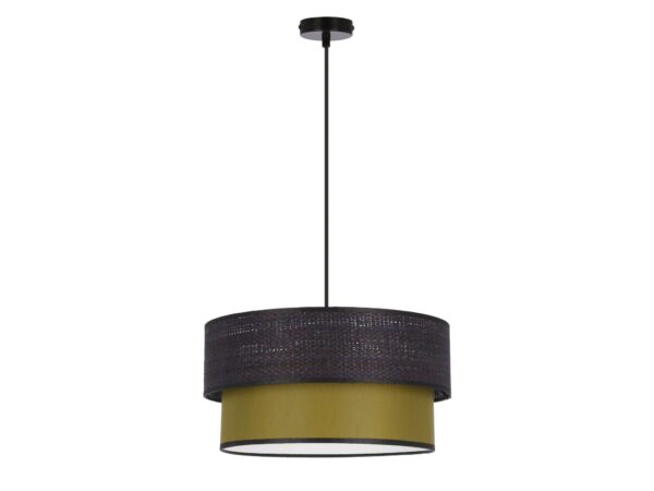 Lampa wisząca Galimora z czarno-oliwkowym podwójnym abażurem na białym tle