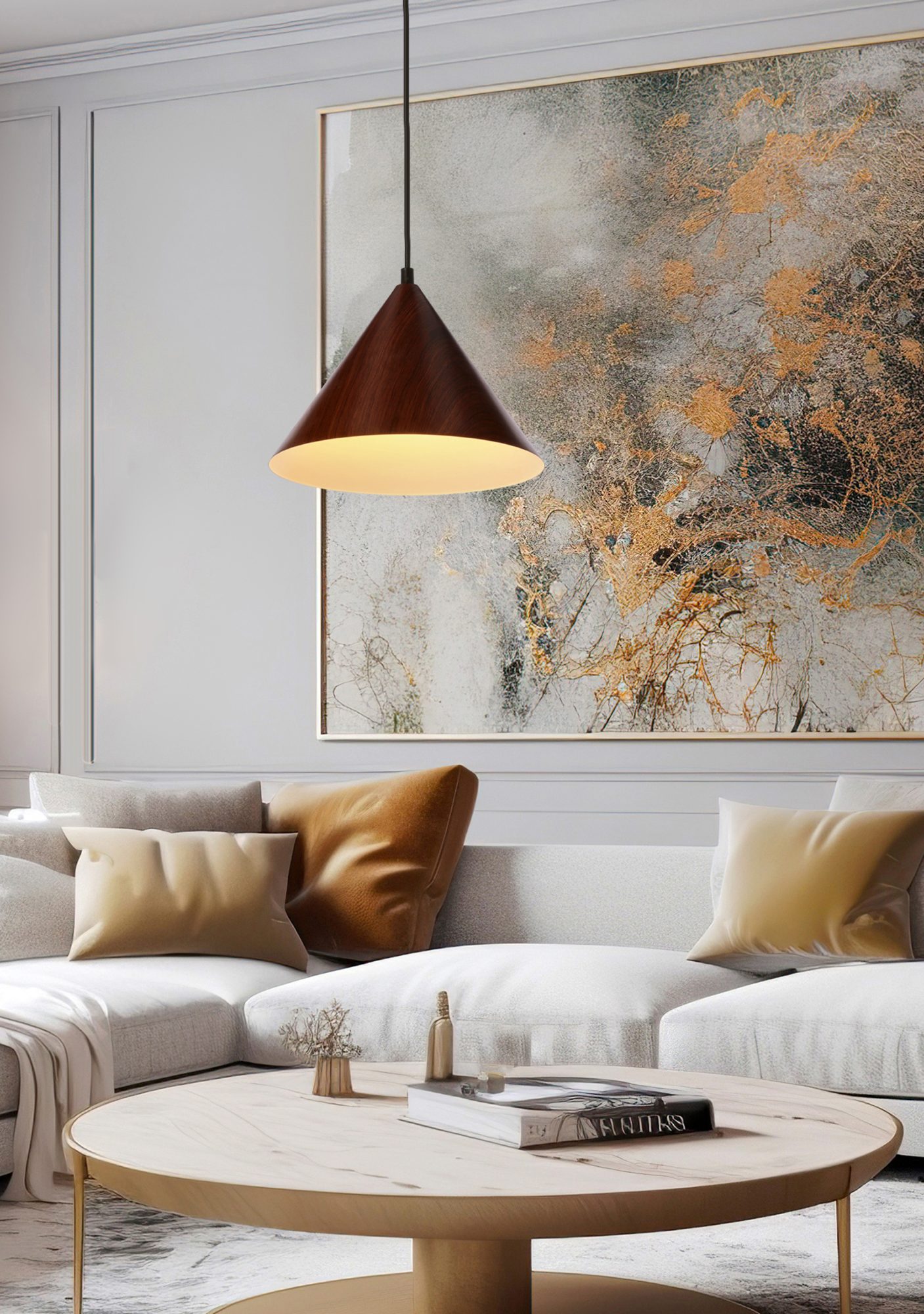Lampa wisząca Galonira z orzechowym kloszem w aranżacji wnętrza