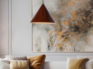 Miniaturka 1 - Lampa wisząca Galonira ciemny orzech nad stolikiem w salonie