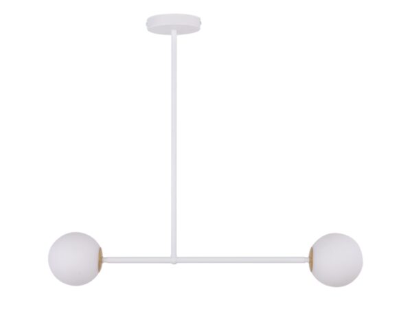 Lampa wisząca Gama 2 biała z poziomym ramieniem i dwiema białymi szklanymi kulami