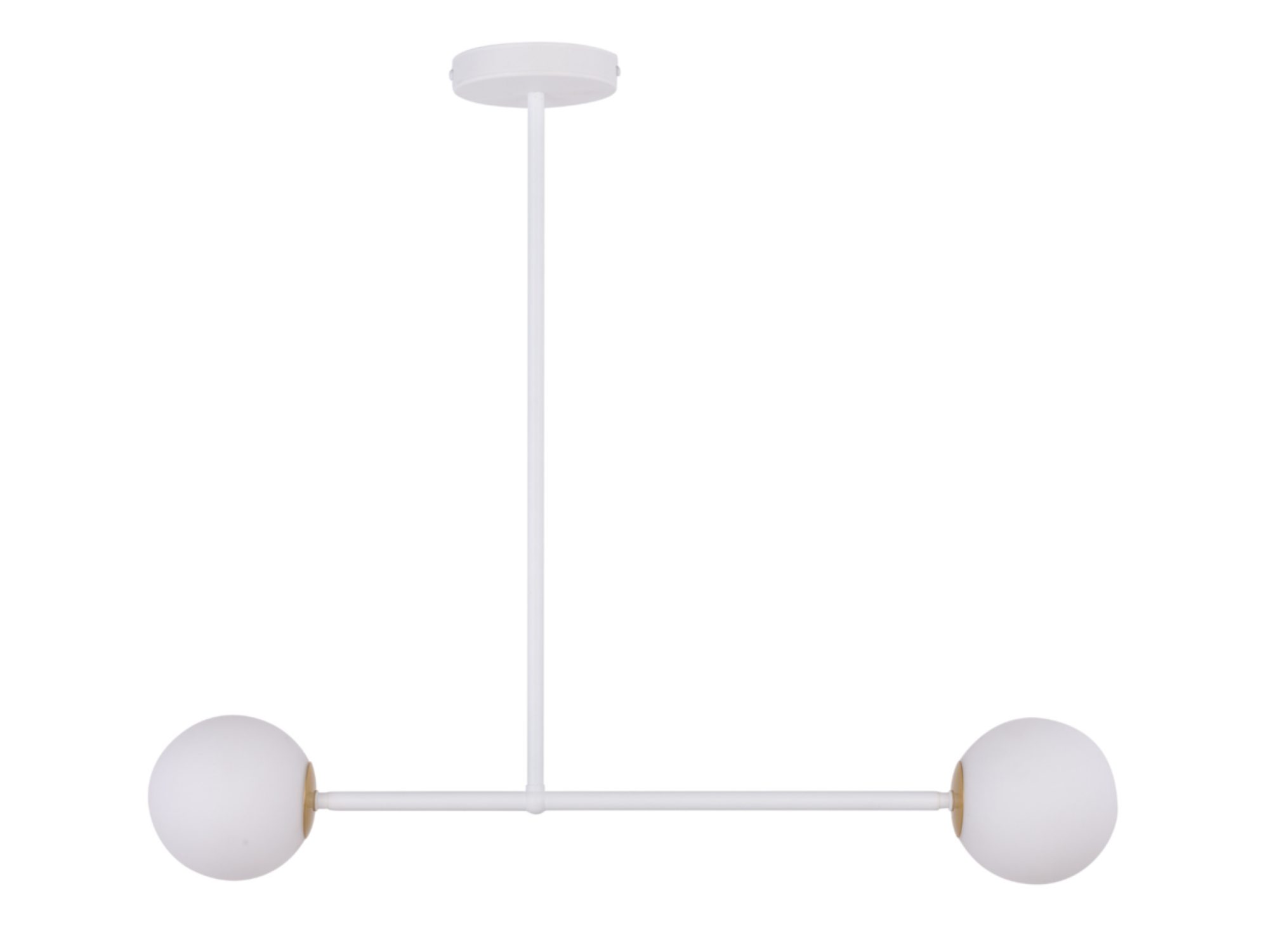 Lampa wisząca Gama 2 biała z poziomym ramieniem i dwiema białymi szklanymi kulami