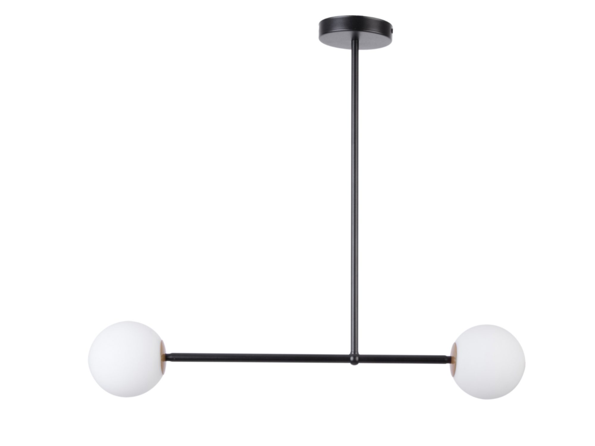 Lampa wisząca Gama 2 z czarnym metalowym ramieniem i dwiema białymi kulami ze szkła