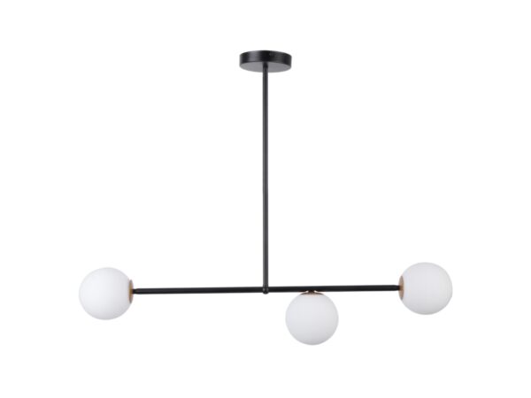 Lampa wisząca Gama 3 czarna z trzema mlecznymi kulami na białym tle