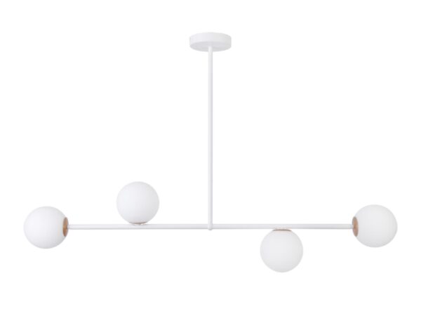 Lampa wisząca Gama 4 biała z czterema mlecznymi szklanymi kulami na poziomym ramieniu