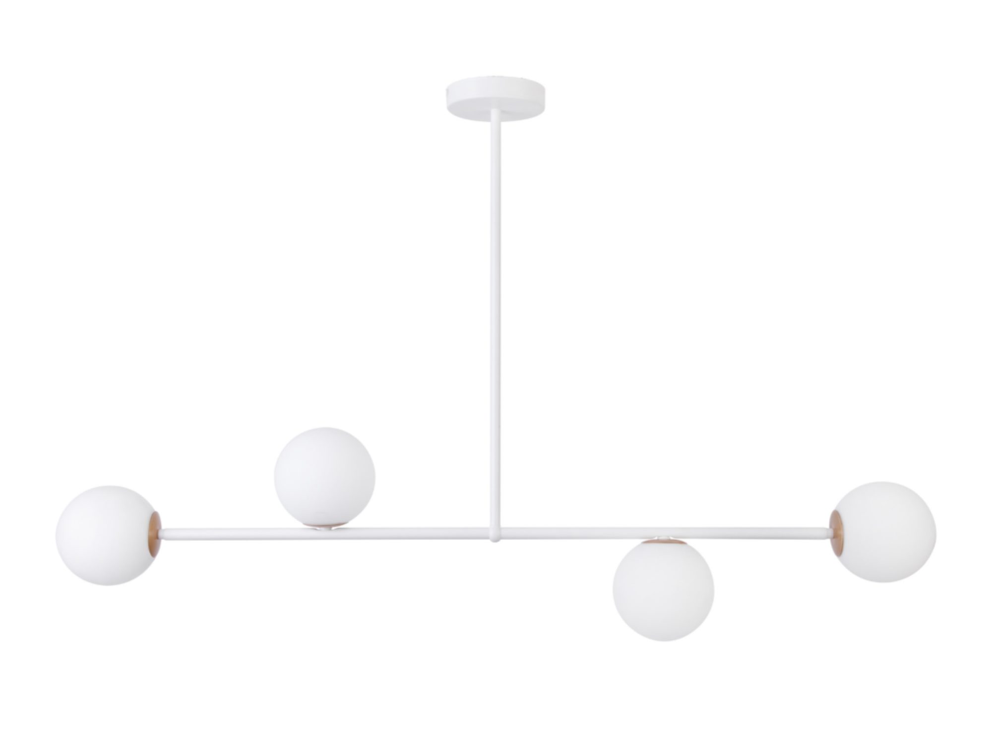 Lampa wisząca Gama 4 biała z czterema mlecznymi szklanymi kulami na poziomym ramieniu