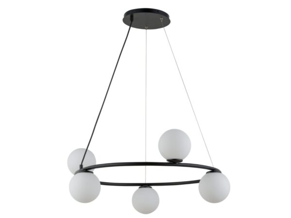 Lampa wisząca Gama koło 5 czarna z pięcioma kulami na białym tle