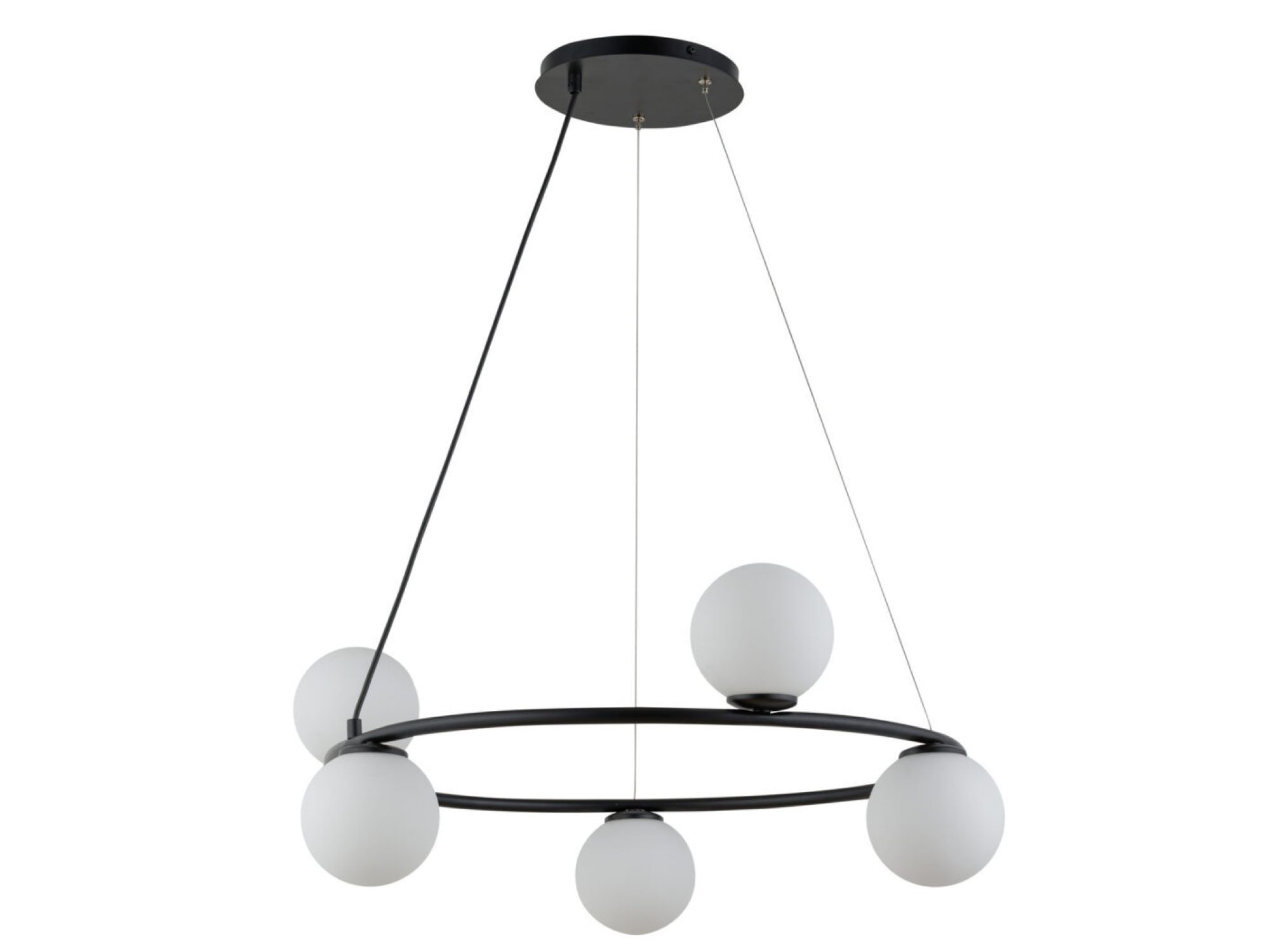 Lampa wisząca Gama koło 5 czarna z pięcioma kulami na białym tle
